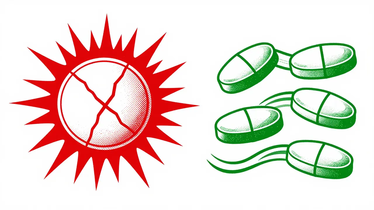 Comparison of chaotic drug surge from one pill vs stable levels from split doses