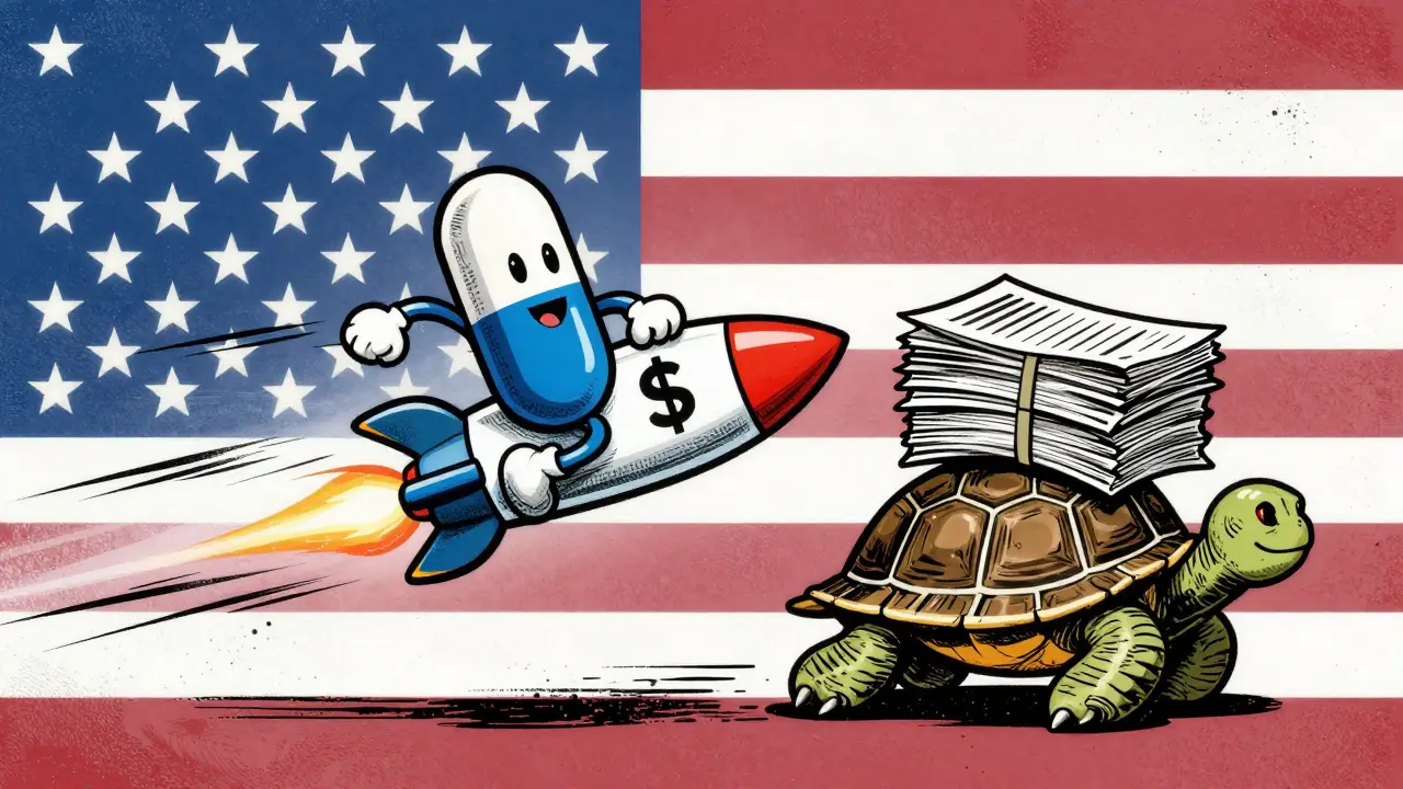 Generic drug tablet on a rocket speeding past a slow turtle with paperwork and coins.