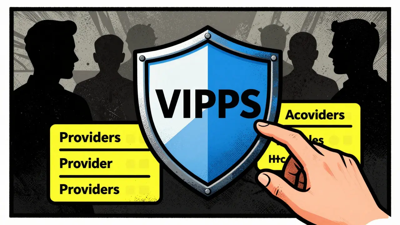 Graphic showing VIPPS safety seal protecting users from unsafe online pharmacies