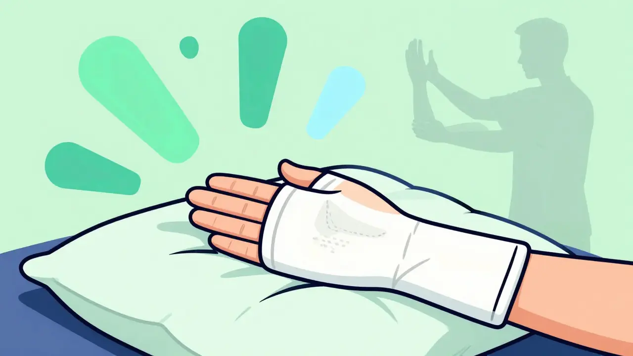 Hand in night splint with abstract healing symbols