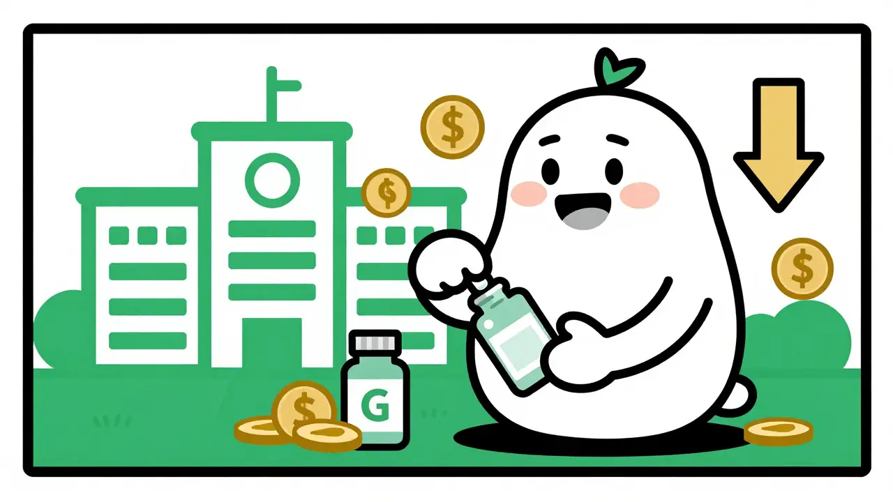 Happy patient taking generic medication with savings icons