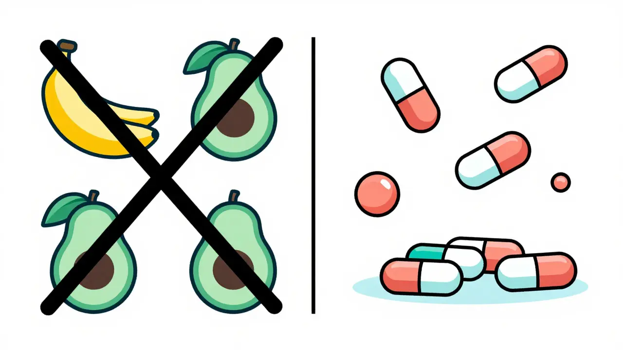 Illustration comparing high-potassium foods and new medication treatments