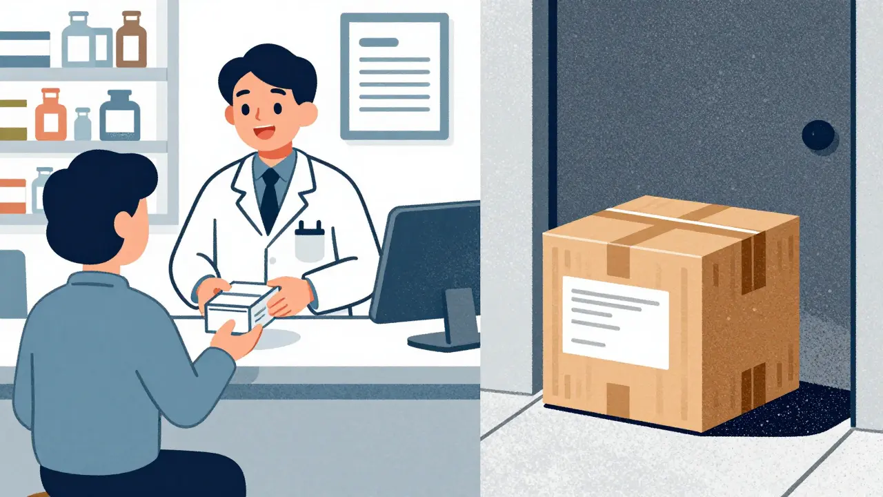 Illustration comparing local pharmacy pickup vs mail delivery