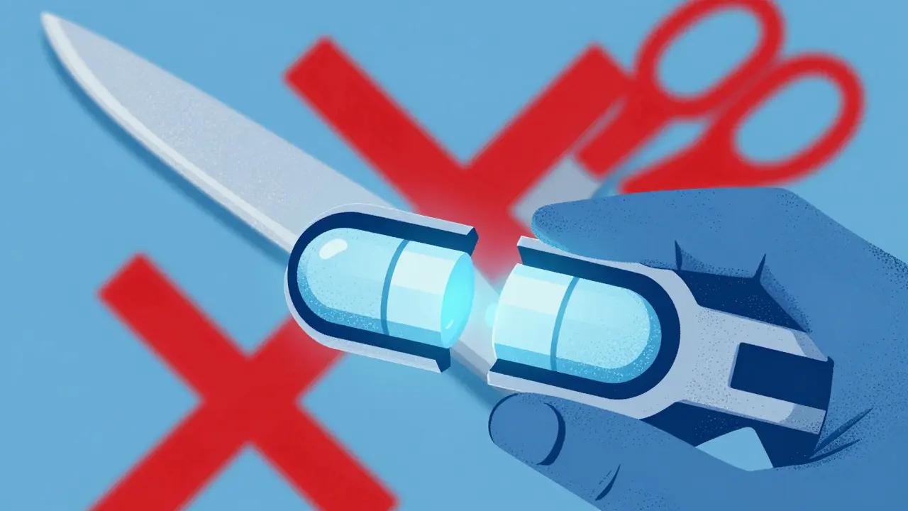 Mechanical pill splitter dividing tablet accurately, warning against using knives