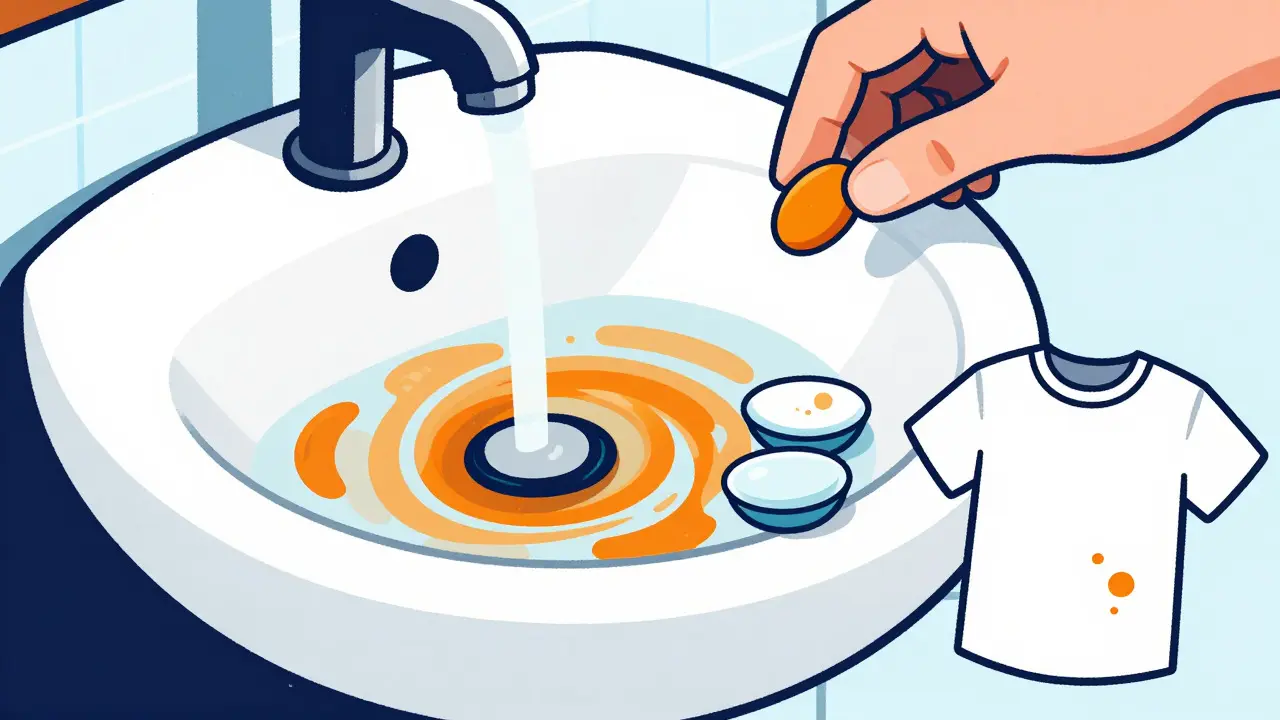 Orange stained sink and clothes showing medication side effects