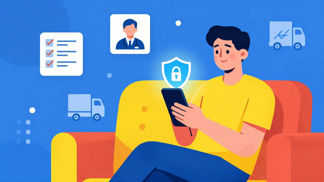 Person using smartphone for safe telemedicine consultation and medication delivery