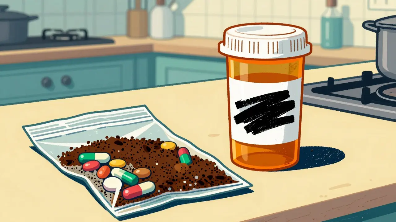 Pills mixed with coffee grounds in a bag next to a defaced prescription bottle
