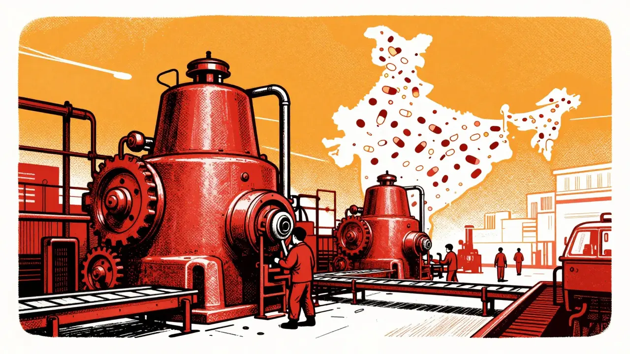Screenprint style illustration of industrial generic drug manufacturing machinery in India