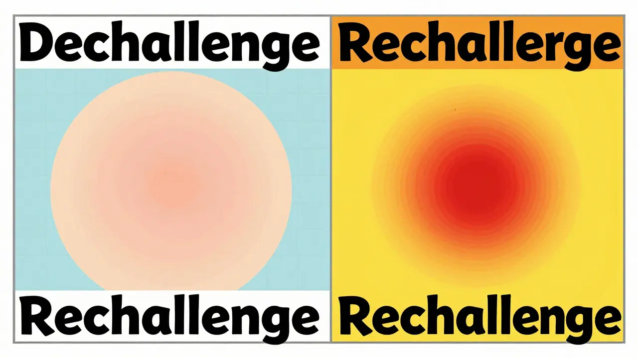 Side-by-side comparison graphic of dechallenge and rechallenge outcomes, styled as a vintage medical poster with halftone effects.