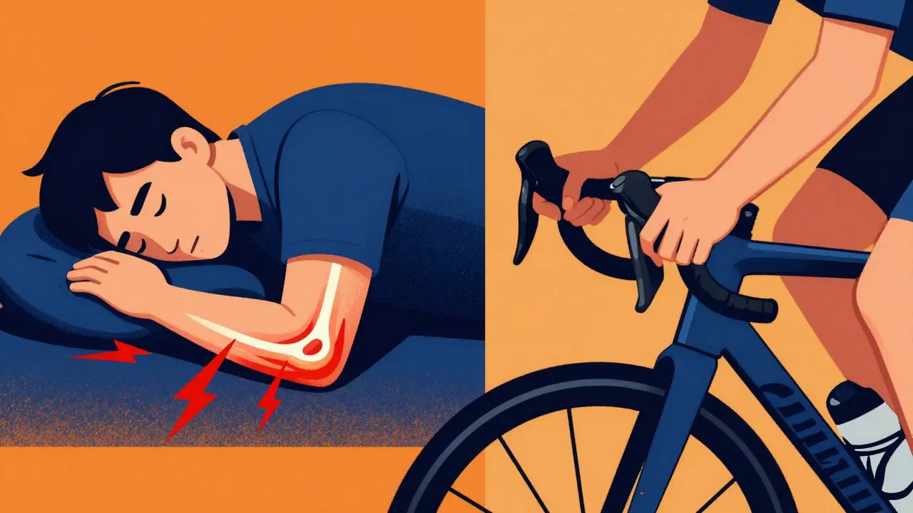 Split scene showing sleeping elbow bend and cycling pressure