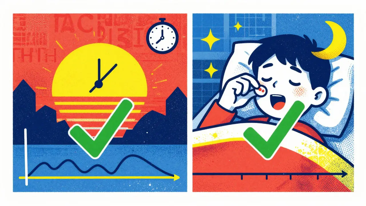 Split screen comparing morning vs bedtime medication timing