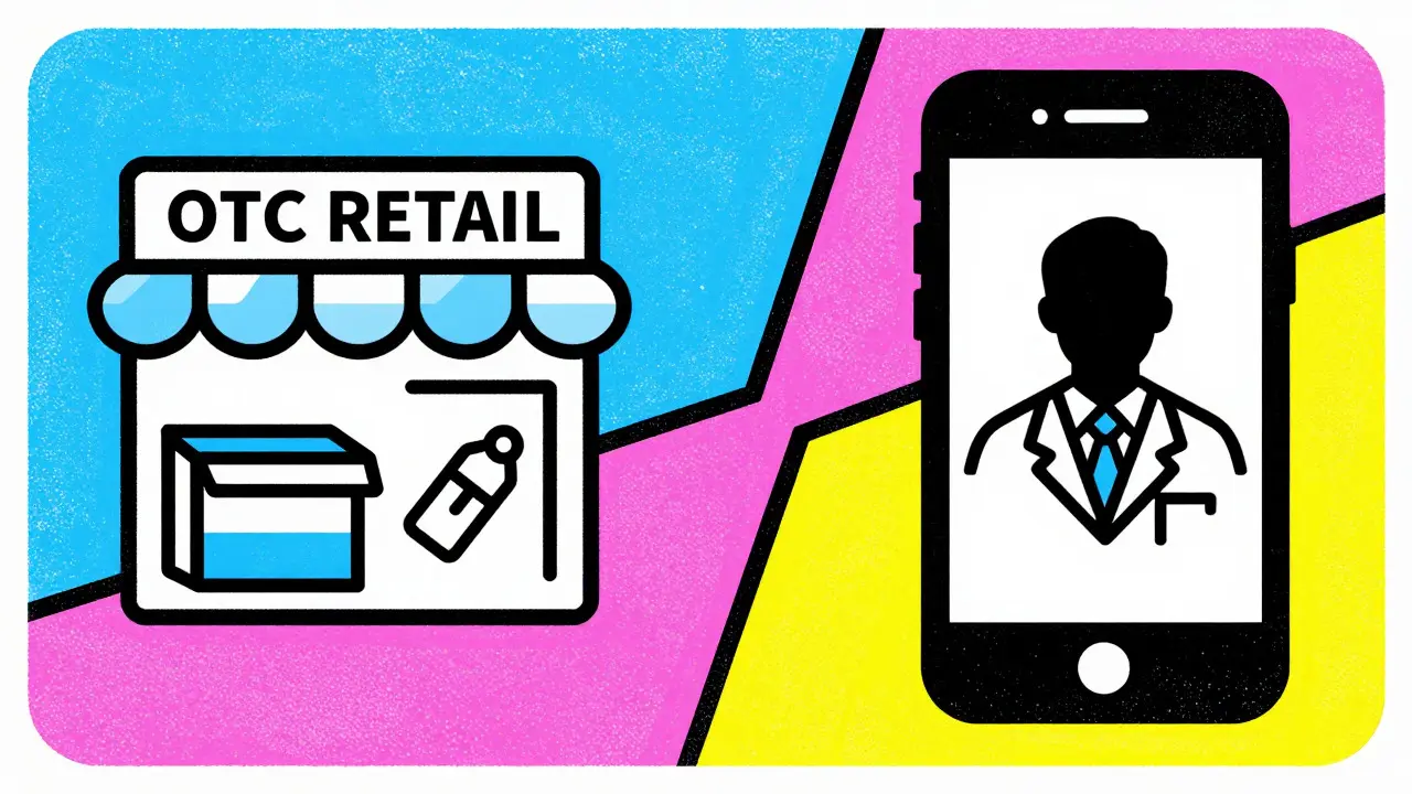 Split view of OTC store vs telehealth phone consult