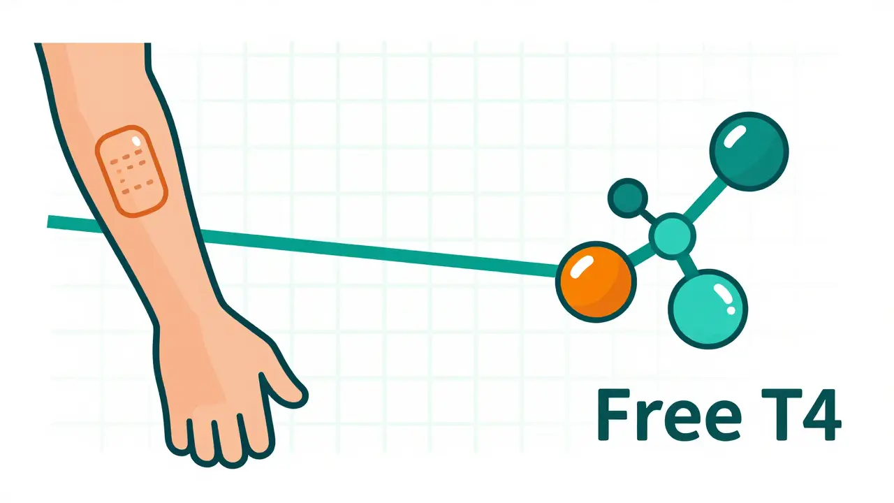Stylized arm connected to TSH and T4 hormone graphics