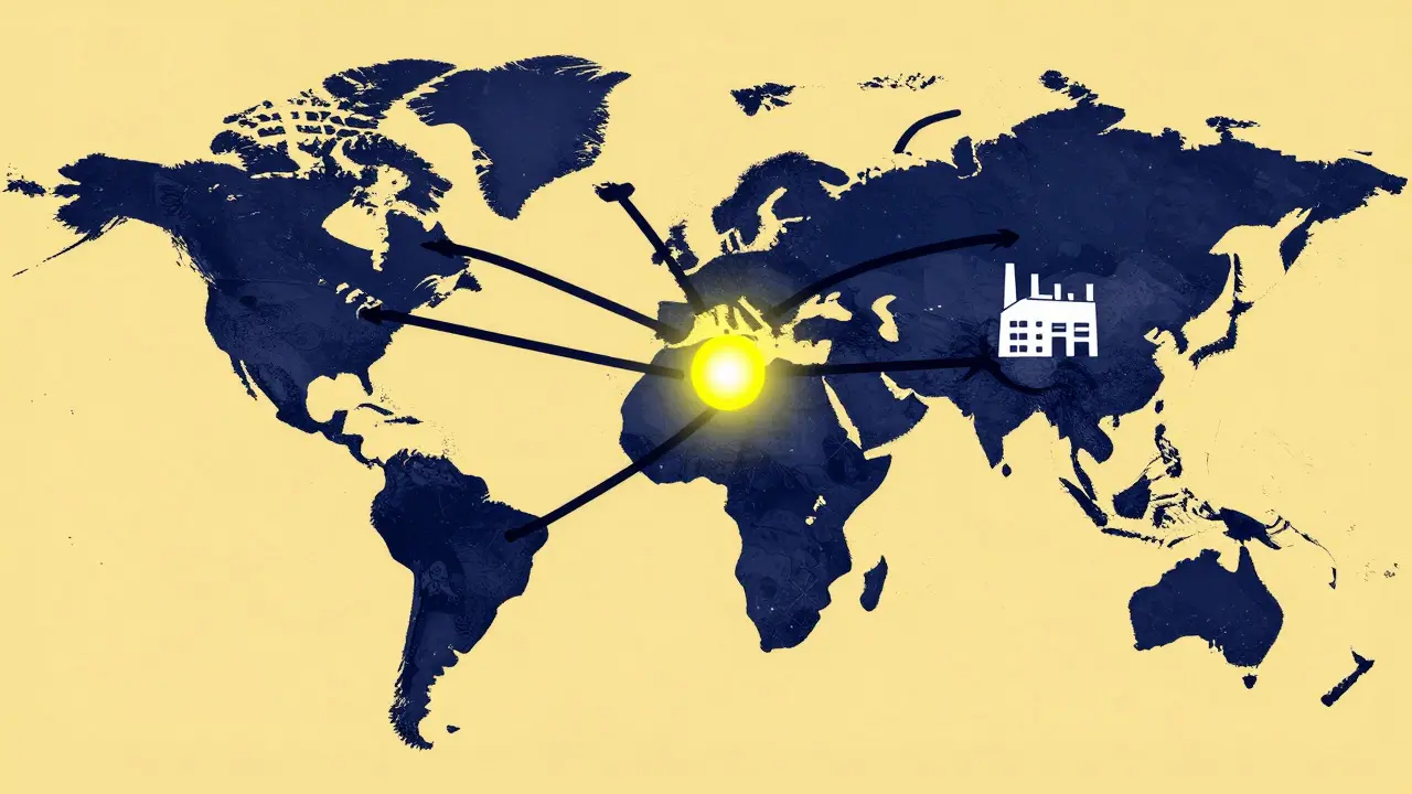 Stylized graphic of tangled global supply chains connecting factories on a world map