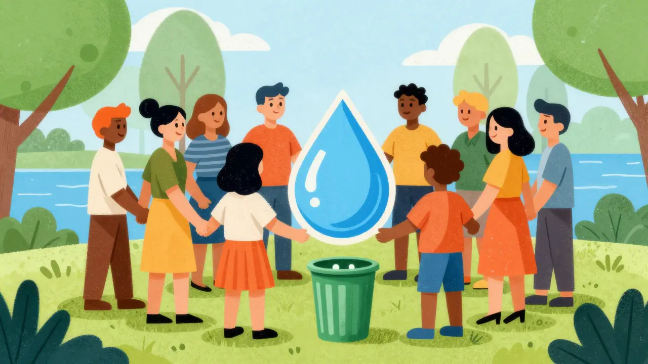 Stylized people protecting clean water and community health through proper disposal