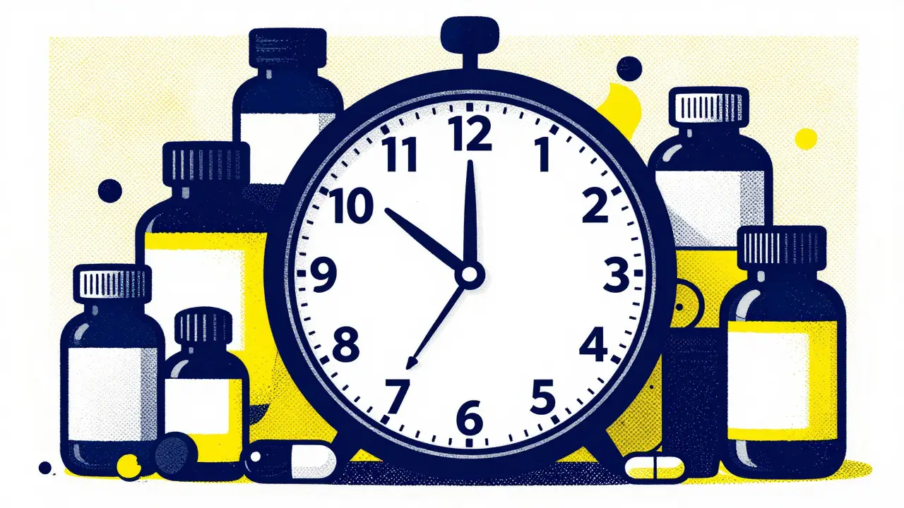 Abstract clock with a descending curve representing medication risk timing