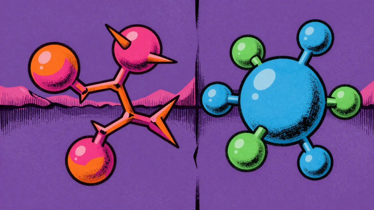 Abstract illustration comparing two different molecular structures