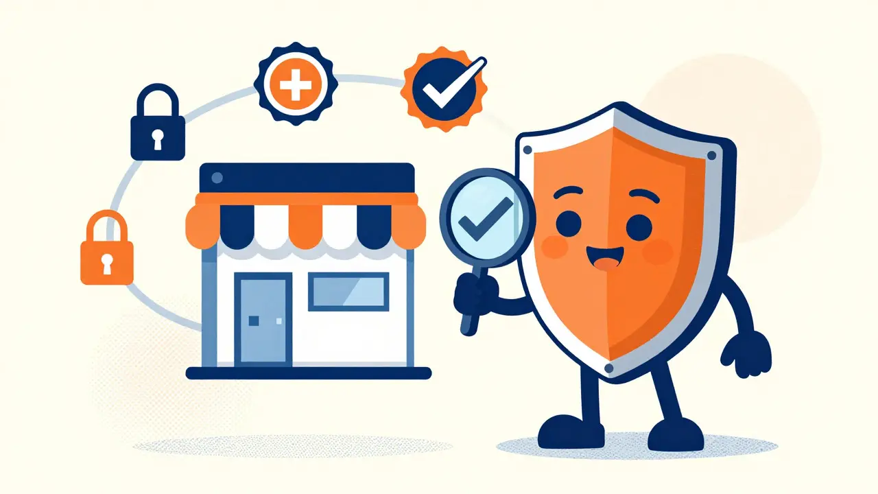 Cartoon character verifying safe online pharmacy with magnifying glass
