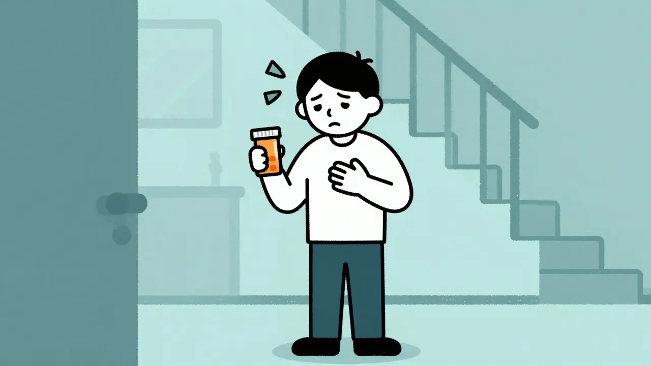 Cartoon of a person struggling to breathe while holding a pill bottle in a hallway