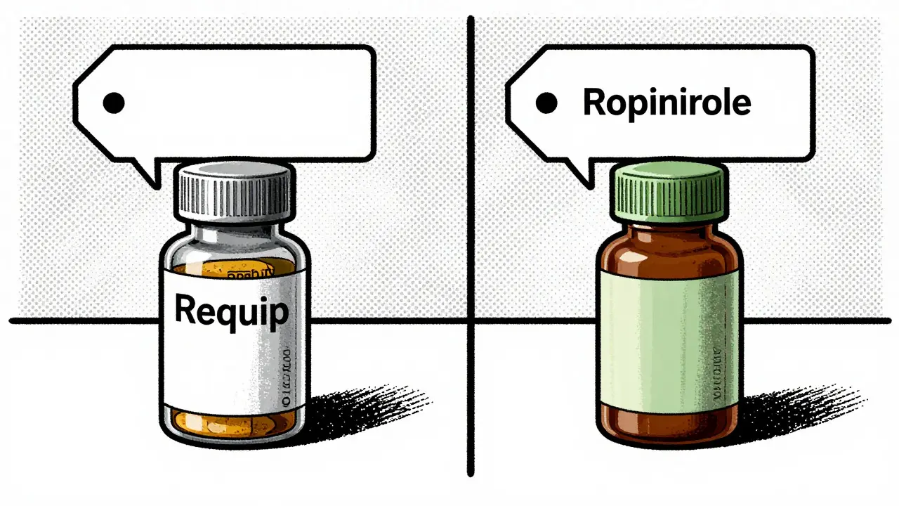 Comparison illustration of brand-name versus generic medication bottles