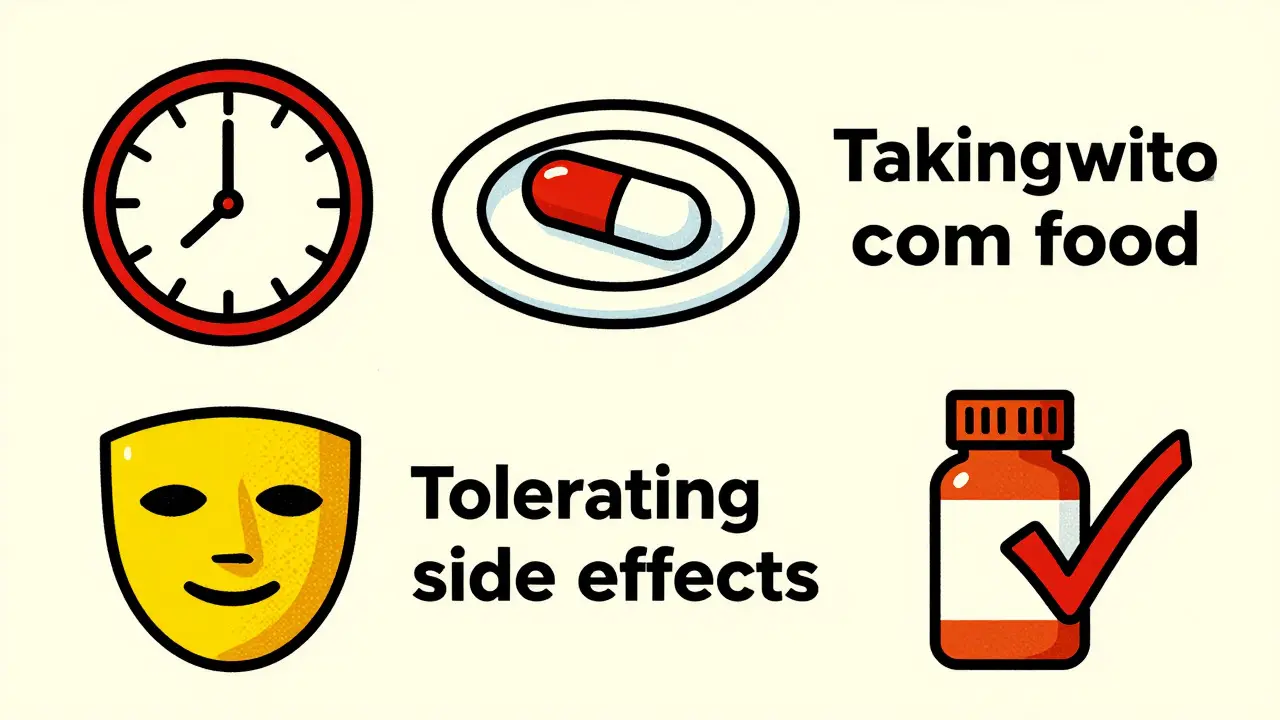 Graphic icons representing timing, food, tolerance, and completion