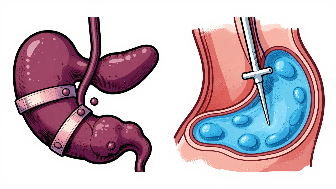 Graphic illustration of variceal banding and ascites drainage