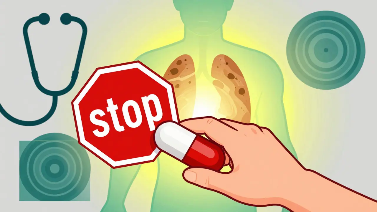 Graphic showing a hand stopping a pill to allow glowing lungs to heal