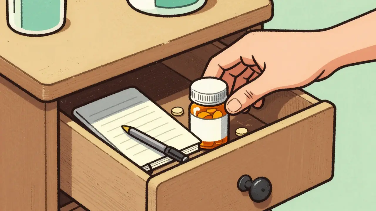 Hand taking medication bottle from a dry bedroom drawer