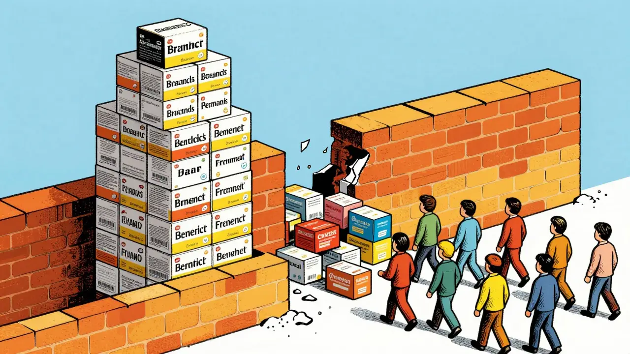Illustration of generic medicine boxes emerging past a broken patent wall