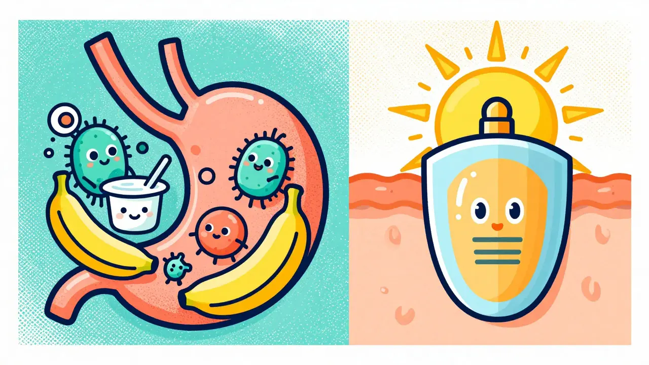 Illustration of gut health with probiotics and sun protection for skin