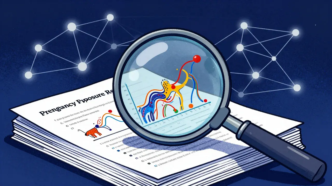 Magnifying glass revealing data networks over document stacks