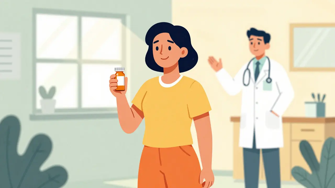 Patient smiling while holding a prescription bottle in a clinic