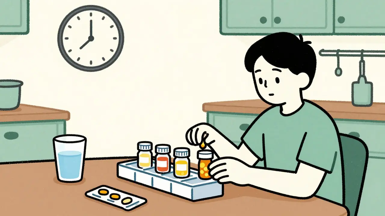 Person organizing thyroid medication pills in a weekly planner