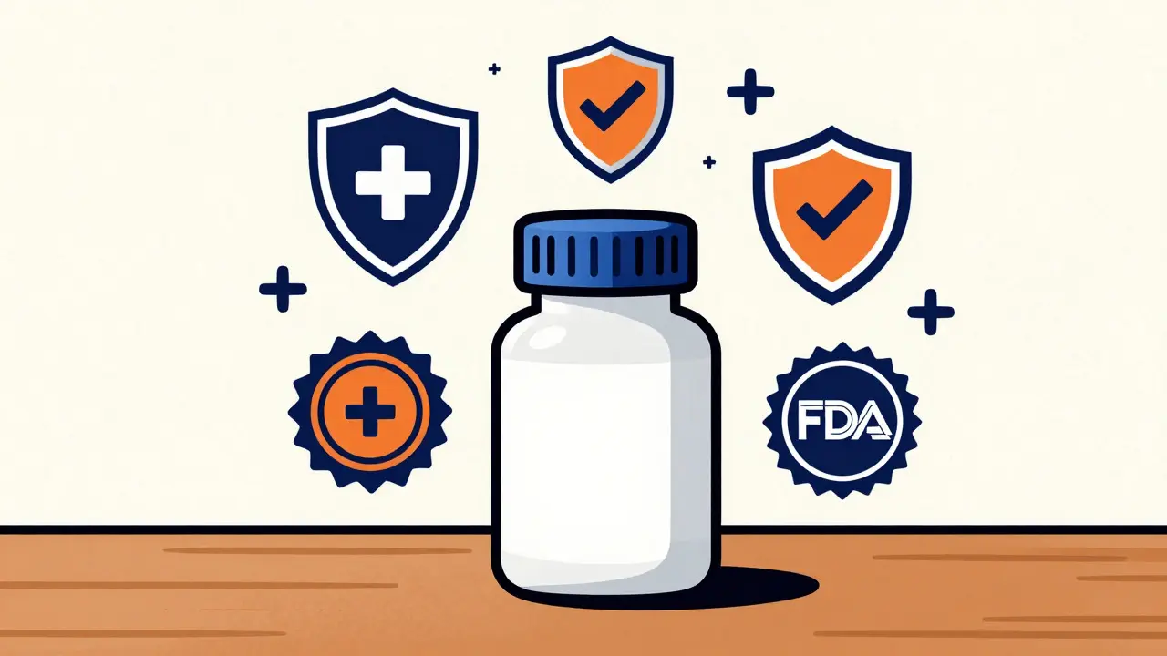 Pill bottle surrounded by safety shield icons and seals