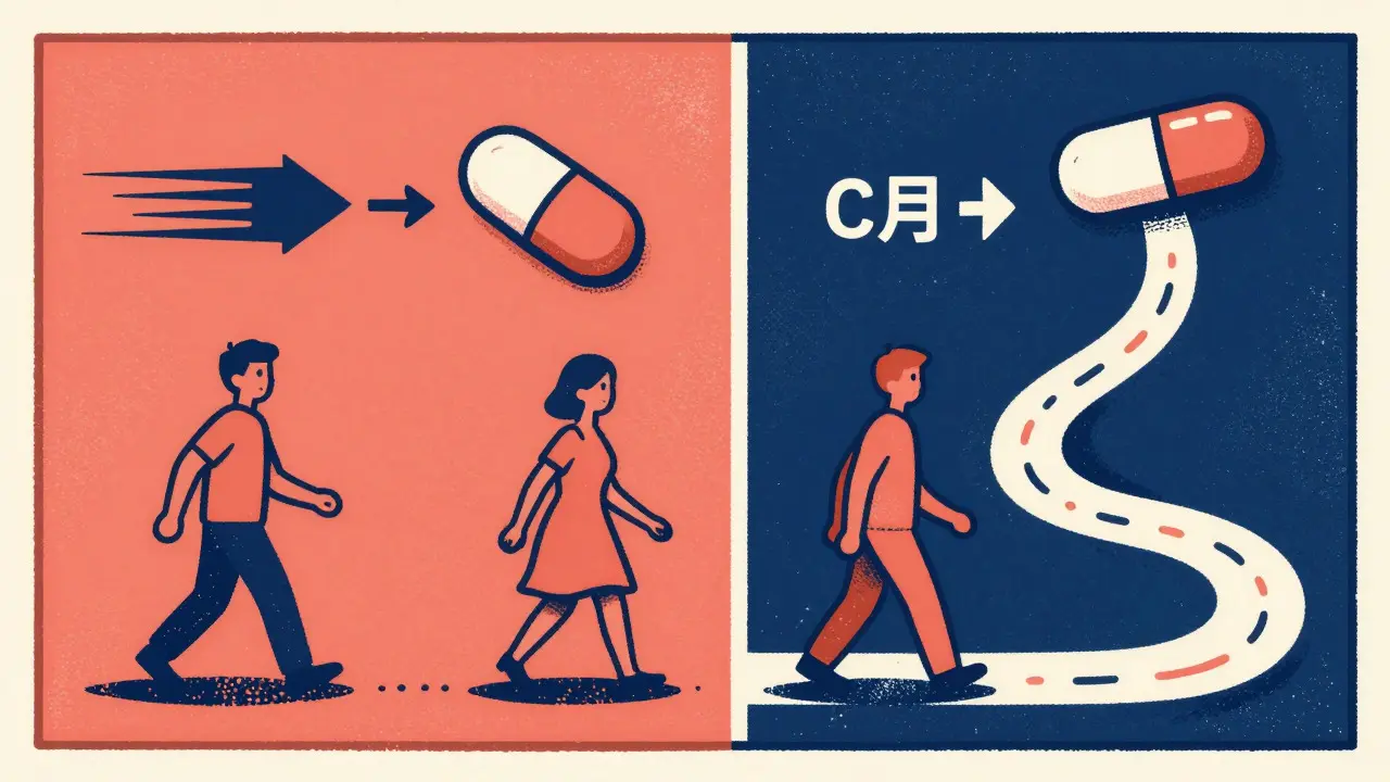 Split illustration showing fast versus slow medication side effect timelines