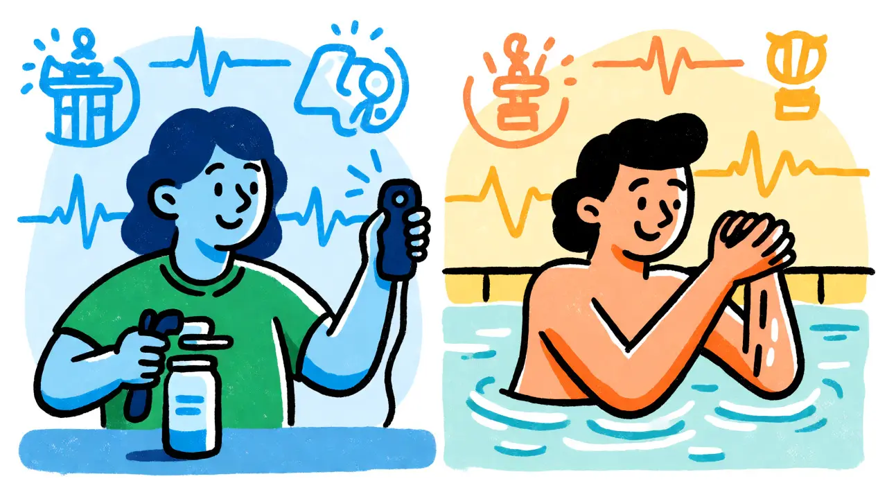 Split illustration showing occupational therapy tools and physical therapy hydrotherapy
