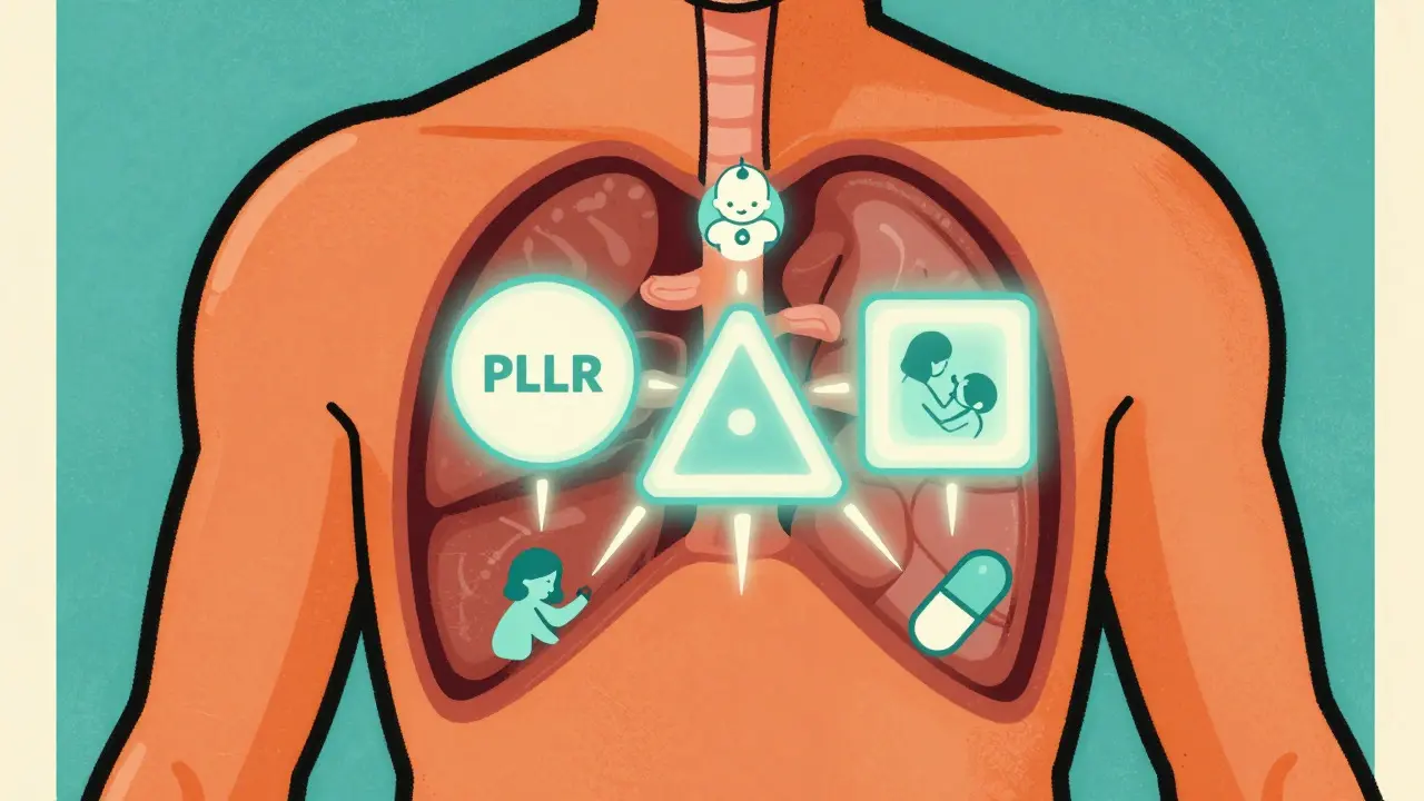 Stylized body showing three glowing shapes representing new drug label sections