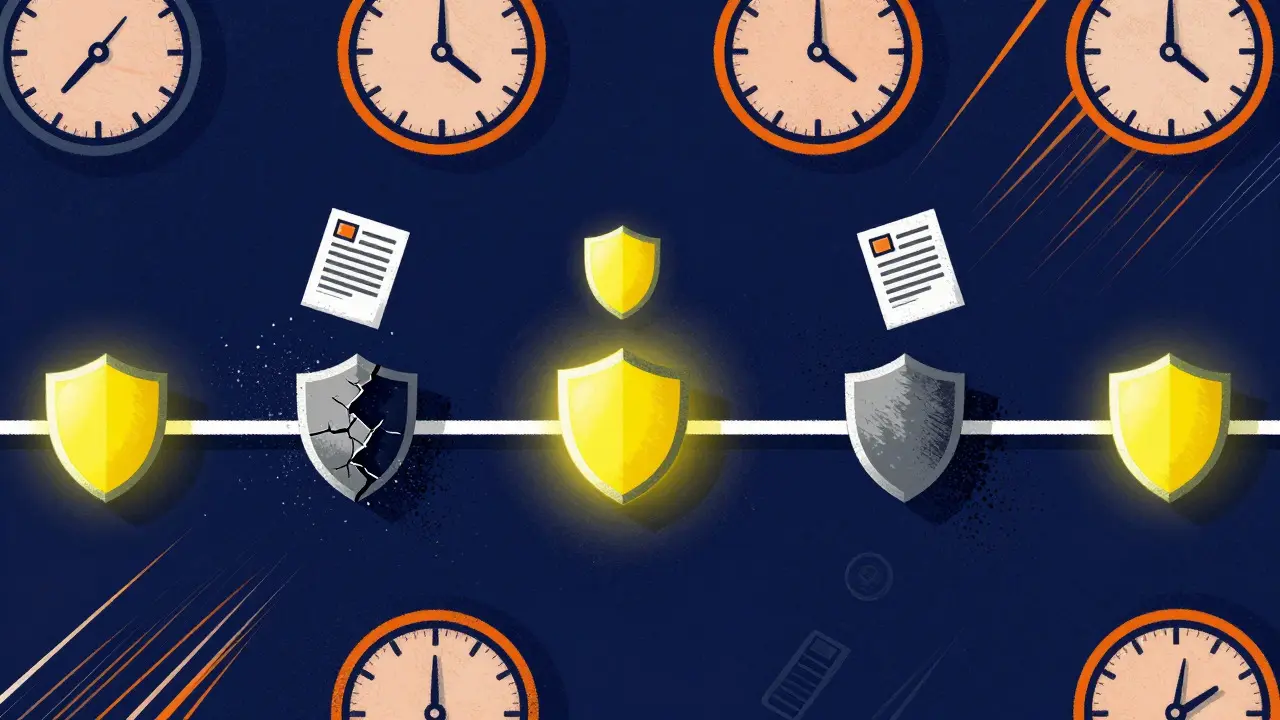 Timeline illustration showing patent shields expiring over time