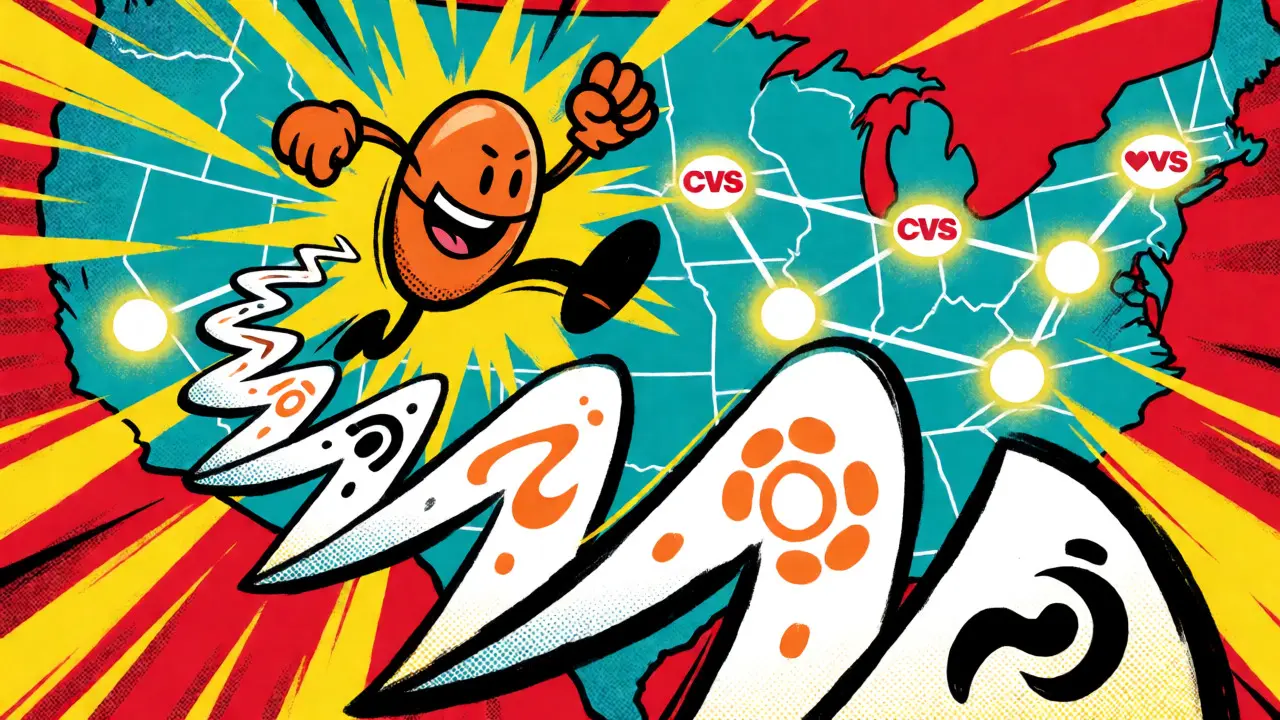 Heroic pill character jumping over dizzy spiral with US map background