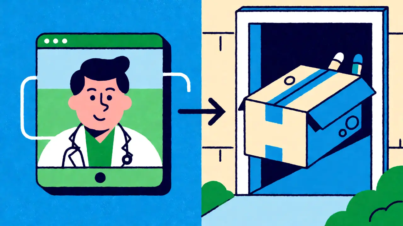 Split screen showing telehealth consultation and home delivery